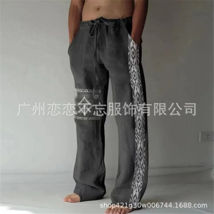 1 Mens Summer Beach Drawstring Ethnic Style Casual Straight Leg Trousers