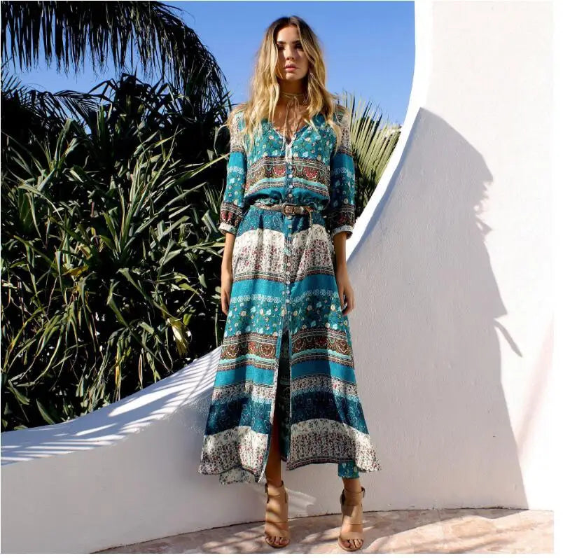 NEW Boho dress chic floral print maxi long dresses V-neck