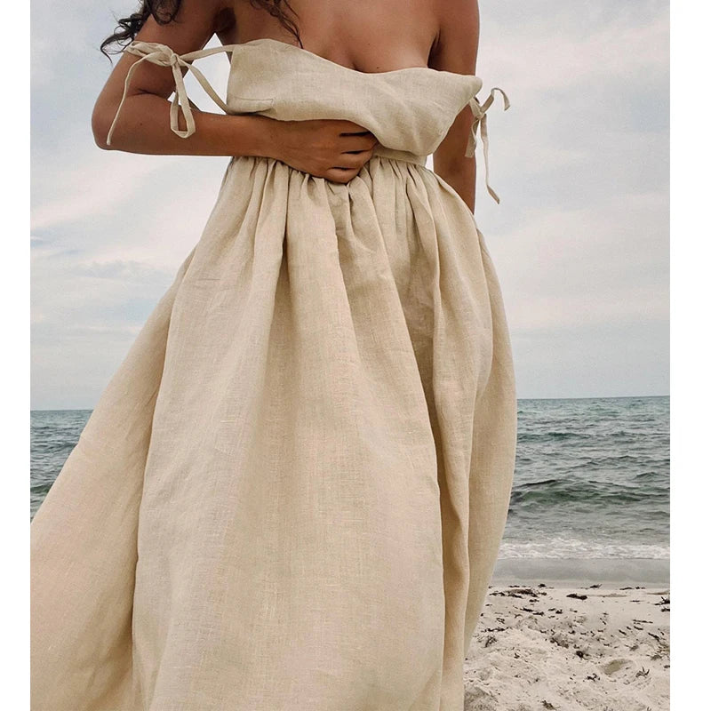 Women Summer Boho Long Dress Sleeveless Backless Spaghetti Strap Maxi Dress