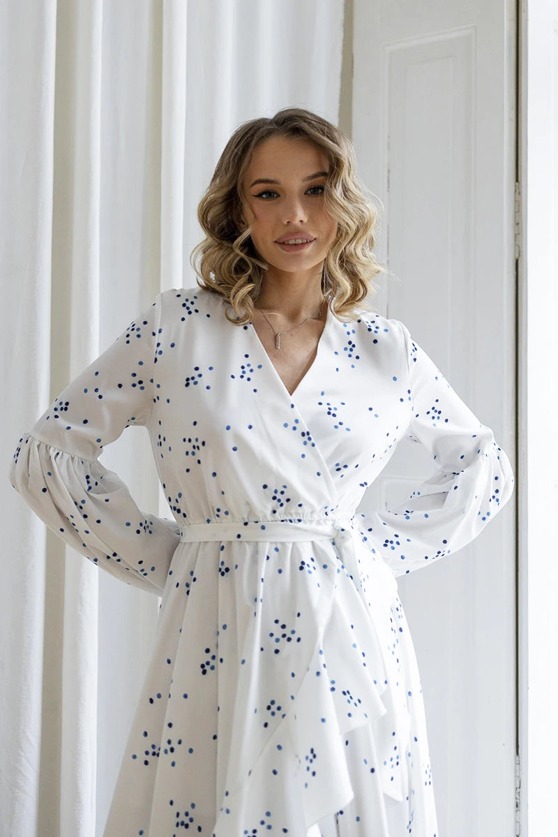Boho White Polka Dot Long Sleeve Dresses