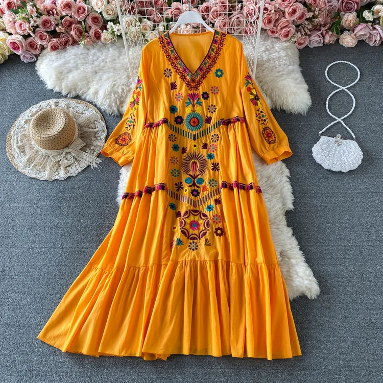 Vintage Women Floral Embroidery Beach Dress