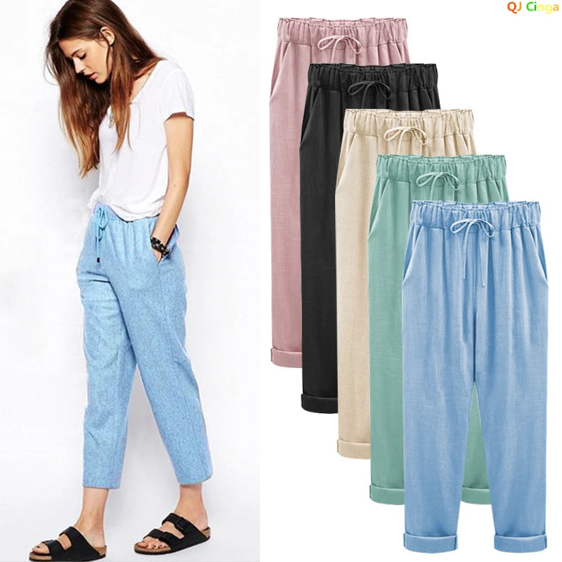 Cotton Linen Pants, Elastic Mid Waist Ankle, Female Slacks Size M-5XL 6XL 7XL 8XL