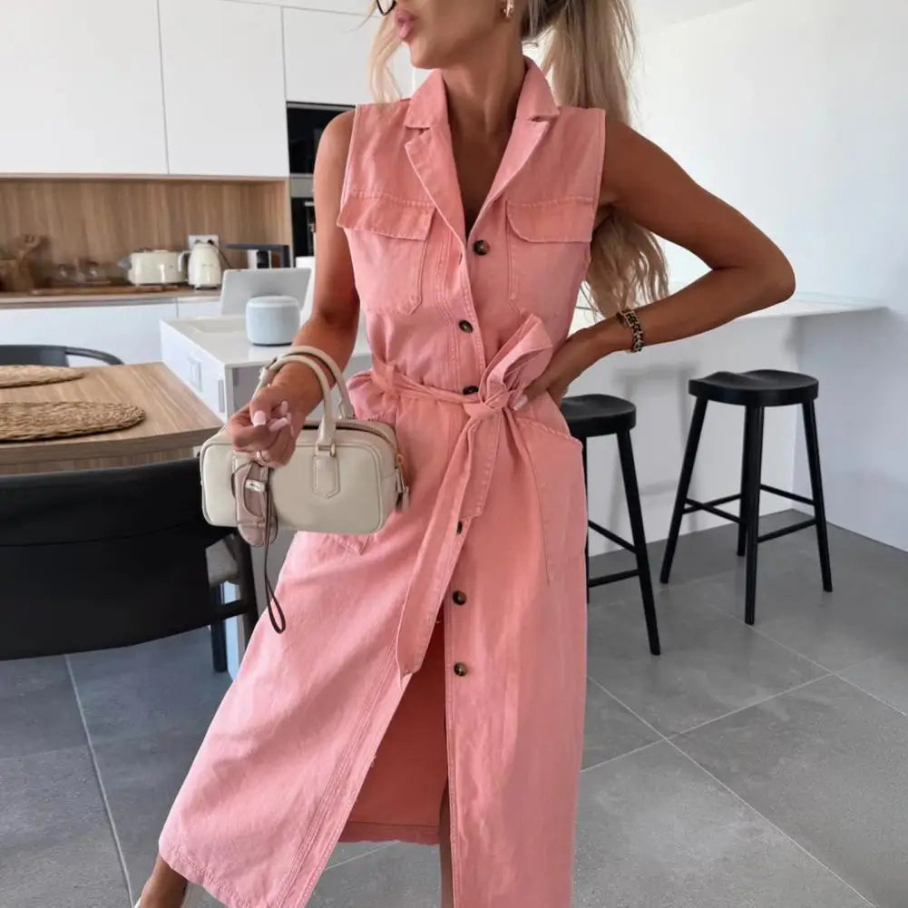 Women Sleeveless Long Belted Waist Cinching Single Button Denim Dress