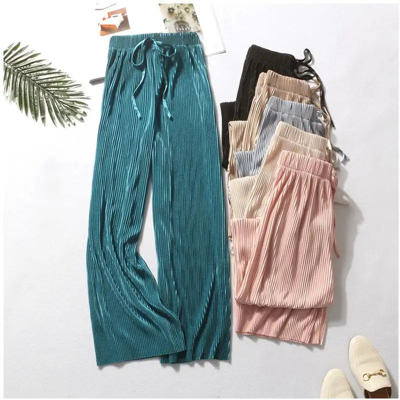 Women Fashion Summer Wide Leg Pants Pleated Ice Silk
