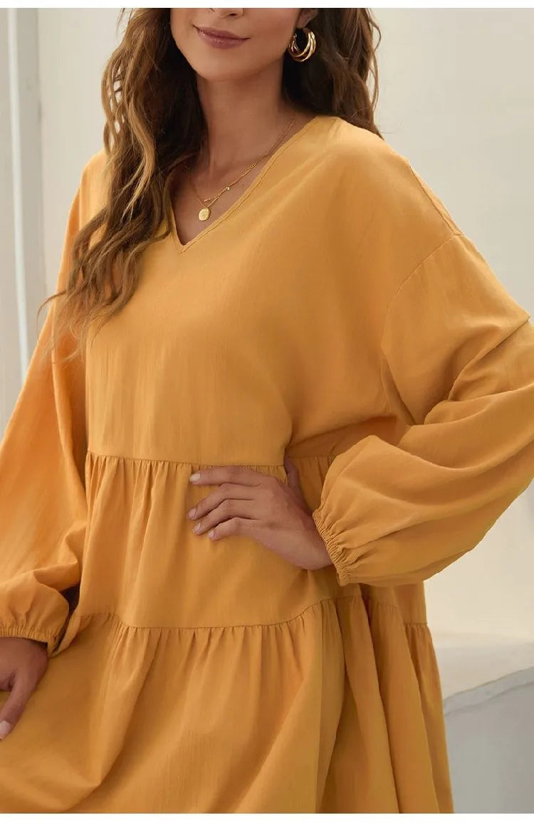 Women's Loose V-Neck Casual Long Sleeve Dress