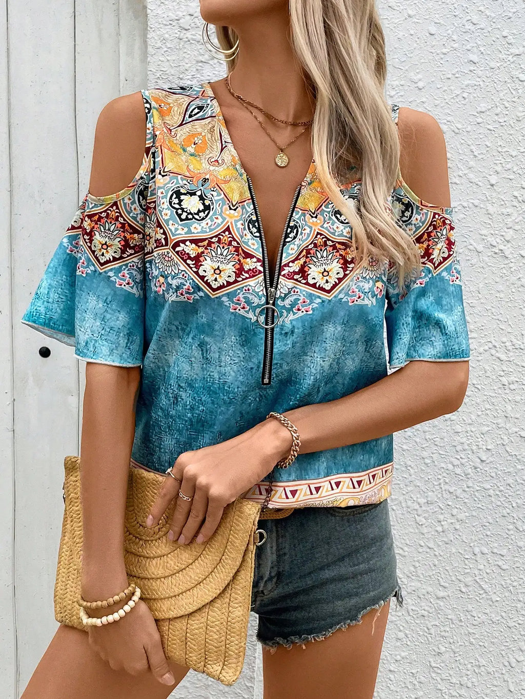 Minimalist Boho Print Cold Shoulder Top