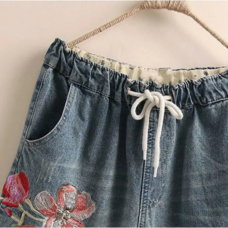 Indie Folk Embroidery Denim Vintage Elastic High Waist