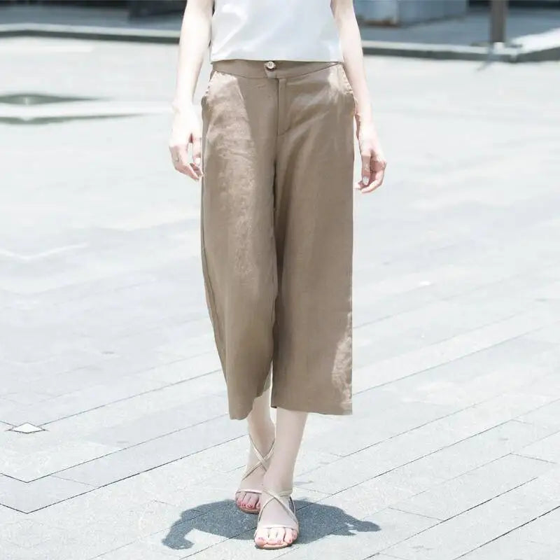 Womens Calf-length Pants Button Pockets Zipper