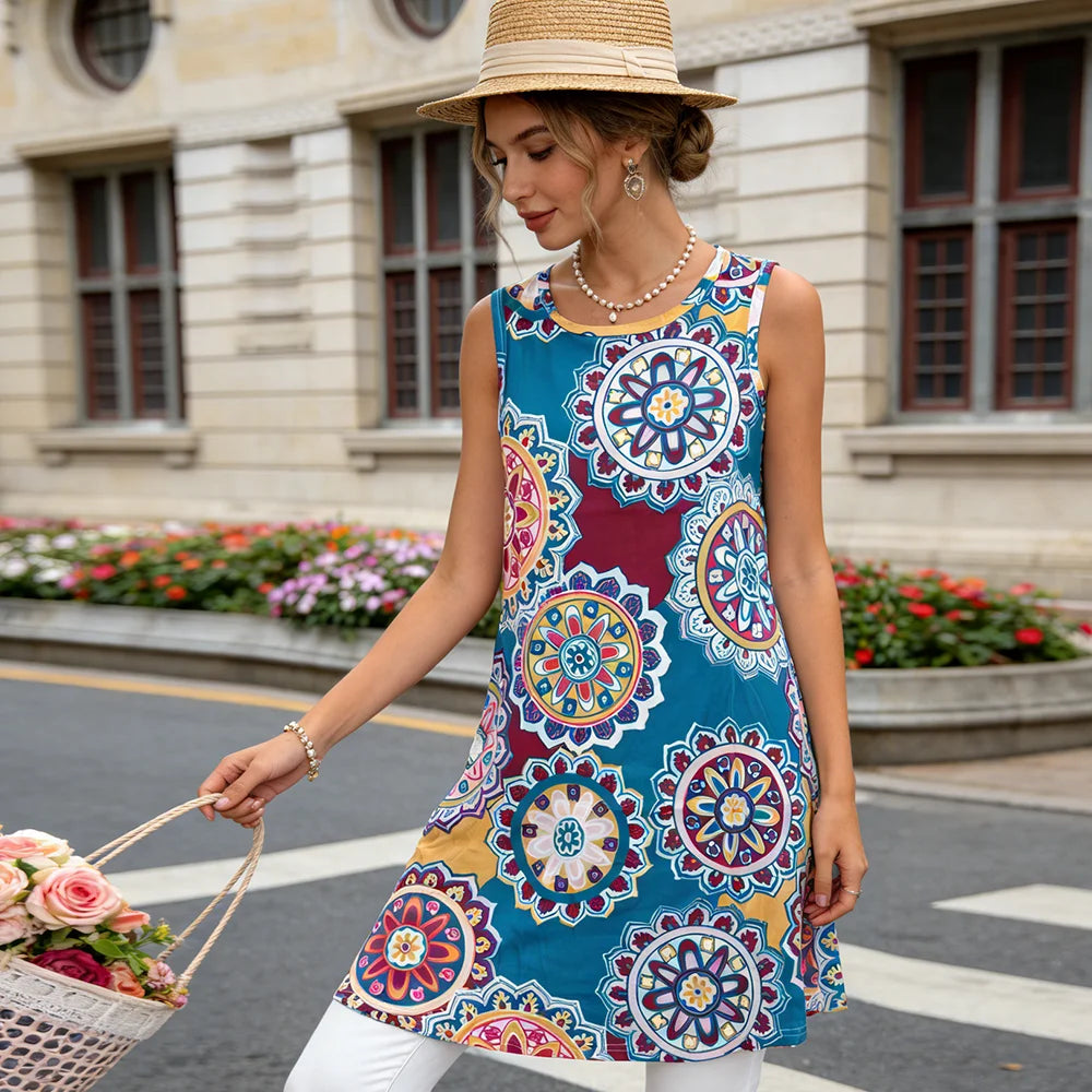 Women's Summer Boho Dress, Vintage Colorful Print