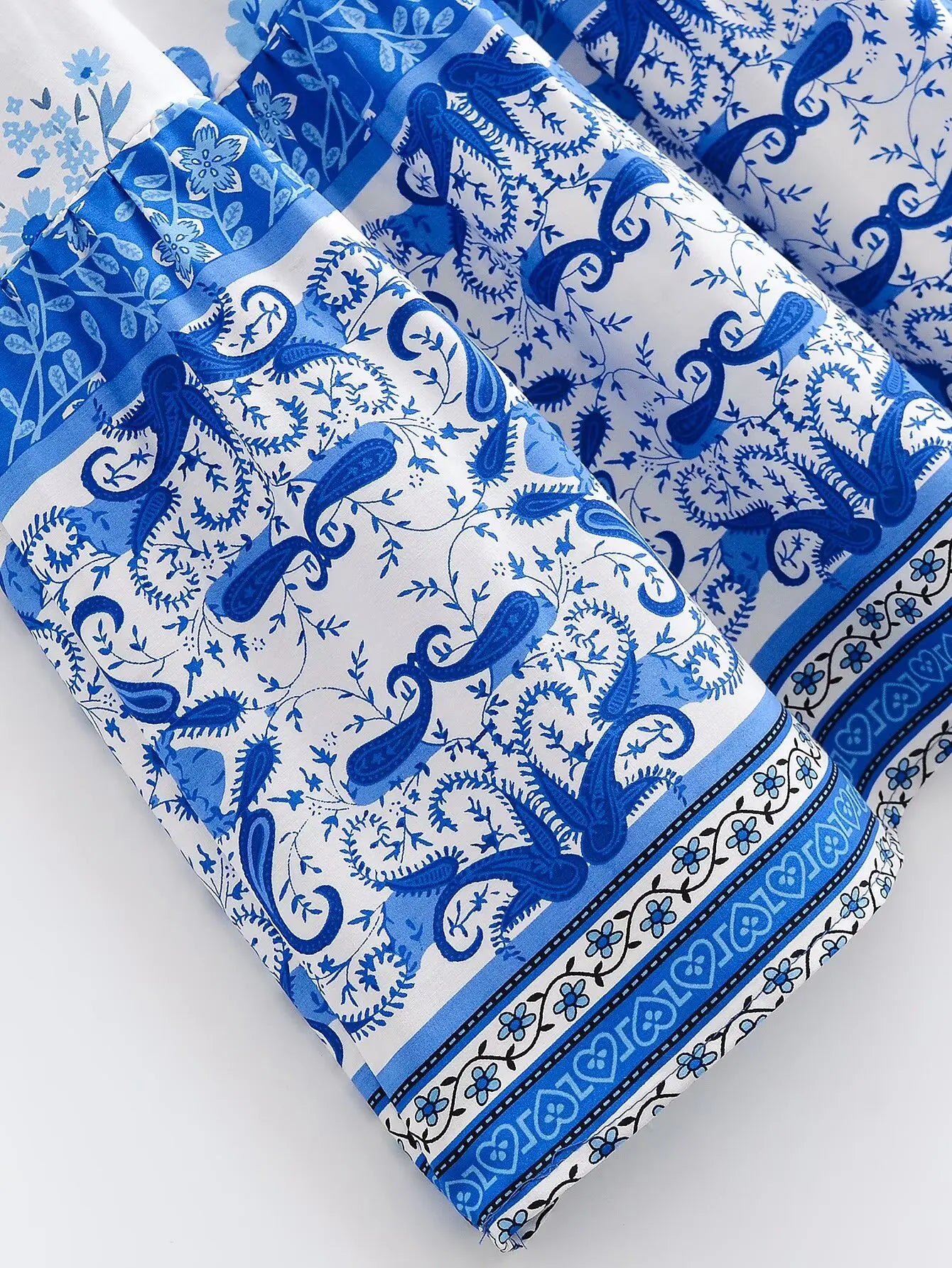 BOHO White With Blue Floral Print Long Skirt