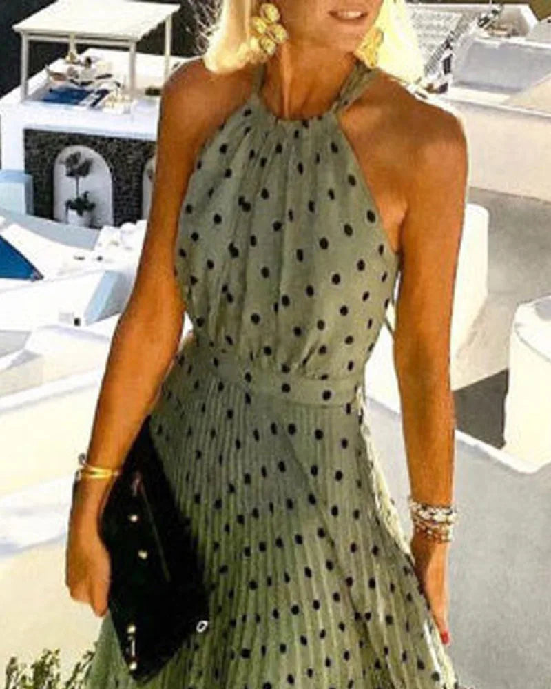 Women Boho Polka Dot Print Chiffon Pleated Maxi Dress