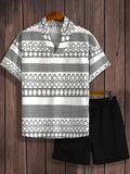 Men's Boho Print Set, Textured Short Sleeve Shirt & Drawstring Shorts