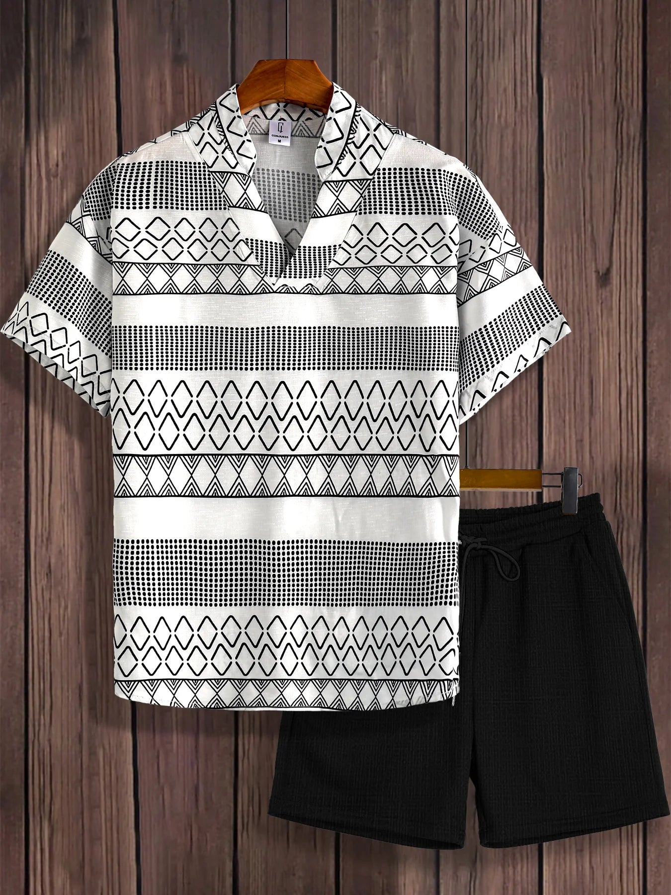 Men's Boho Print Set, Textured Short Sleeve Shirt & Drawstring Shorts