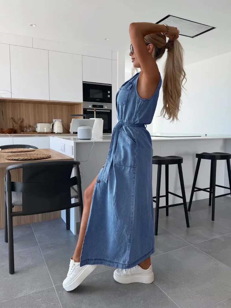 Casual Sleeveless Denim Maxi Shirt