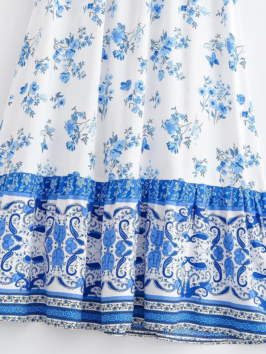 BOHO White With Blue Floral Print Long Skirt