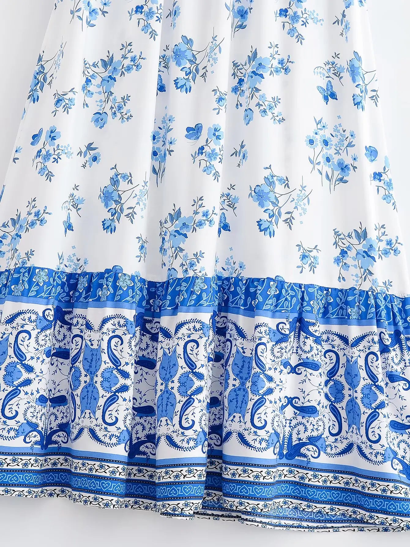BOHO White With Blue Floral Print Long Skirt