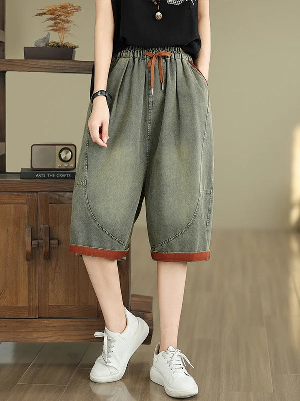 Retro Distressed Denim Belted Slimming Casual Wide Leg Pant