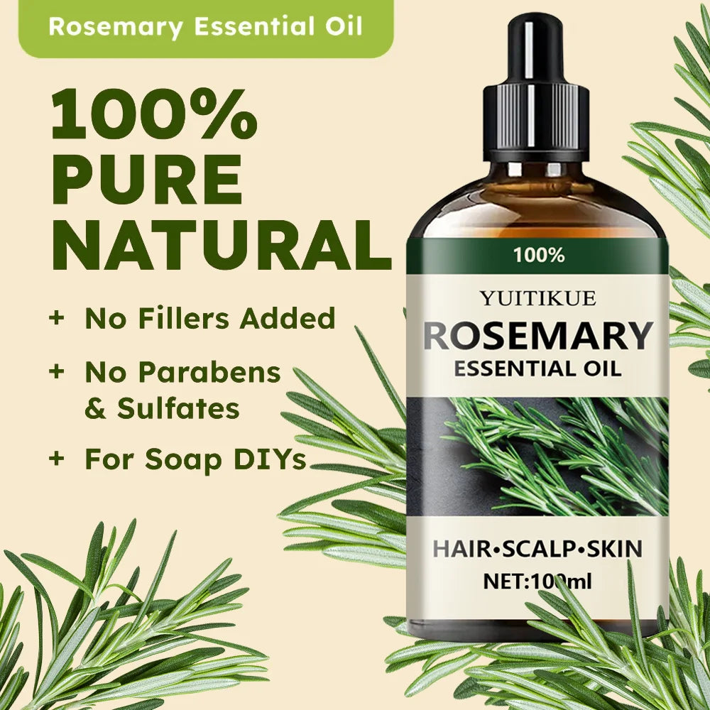 100% pure rosemary essential oil, suitable for hair, scalp, and skin, natural aromatherapy oil, nourishing and revitalizing.