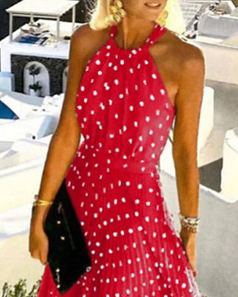 Women Boho Polka Dot Print Chiffon Pleated Maxi Dress