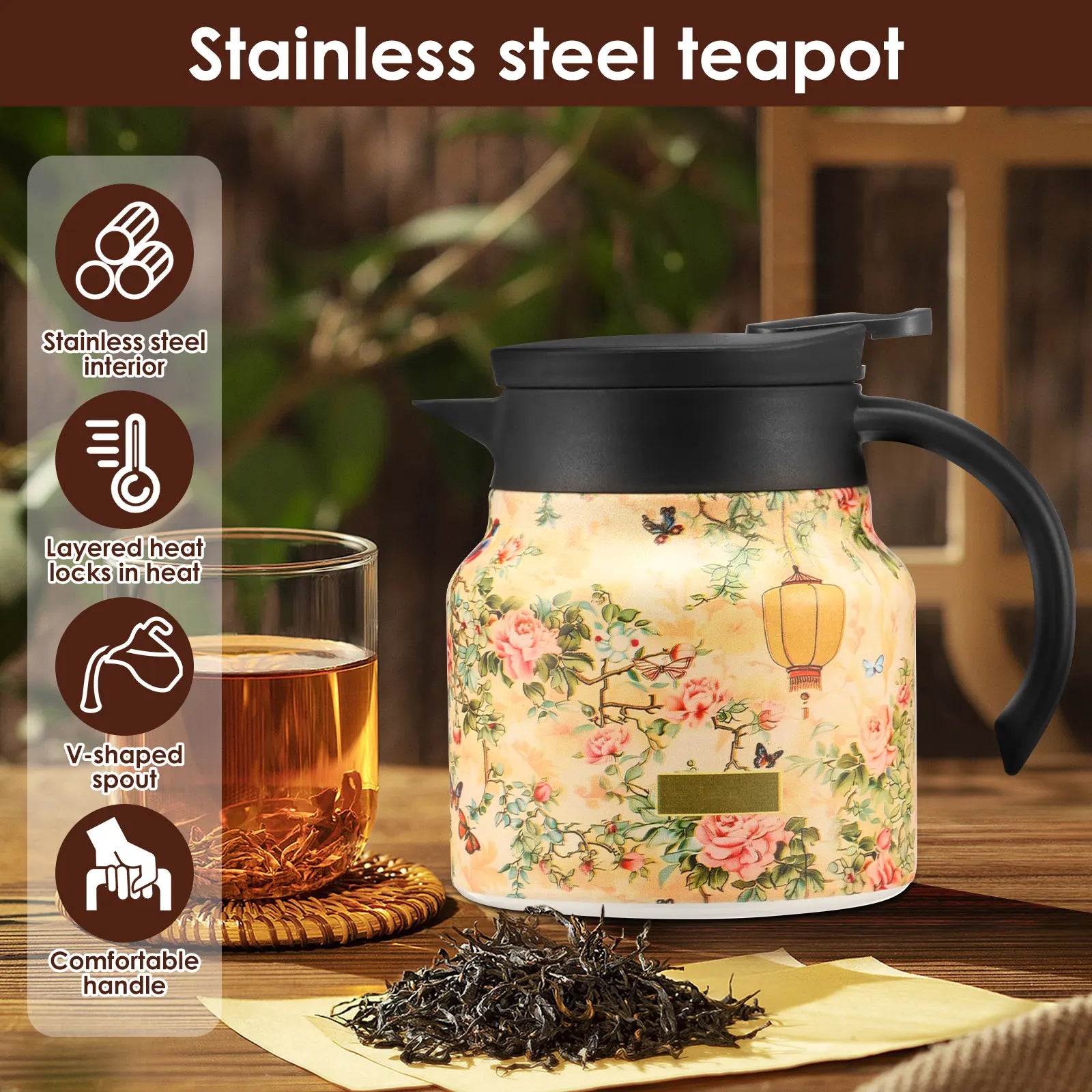 800/1000 ML Vintage Floral Tea Thermos Stainless Steel Tea Kettle