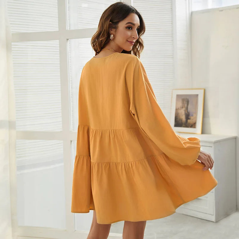 Women's Loose V-Neck Casual Long Sleeve Dress