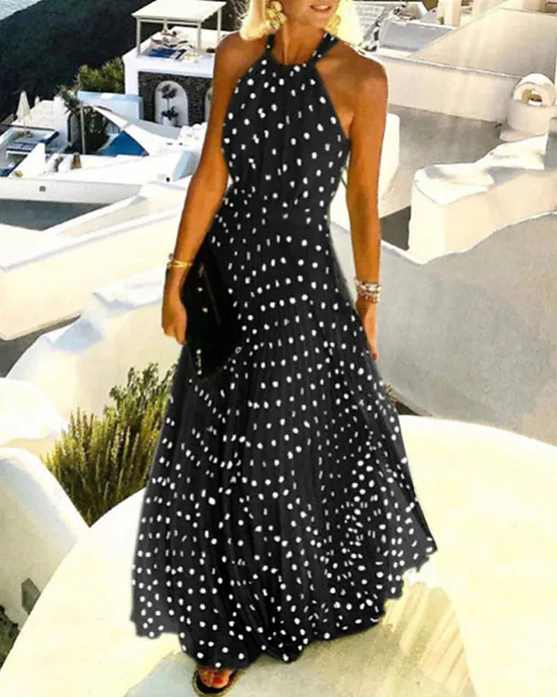 Women Boho Polka Dot Print Chiffon Pleated Maxi Dress