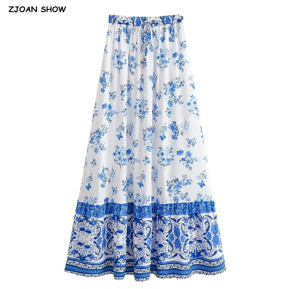 BOHO White With Blue Floral Print Long Skirt