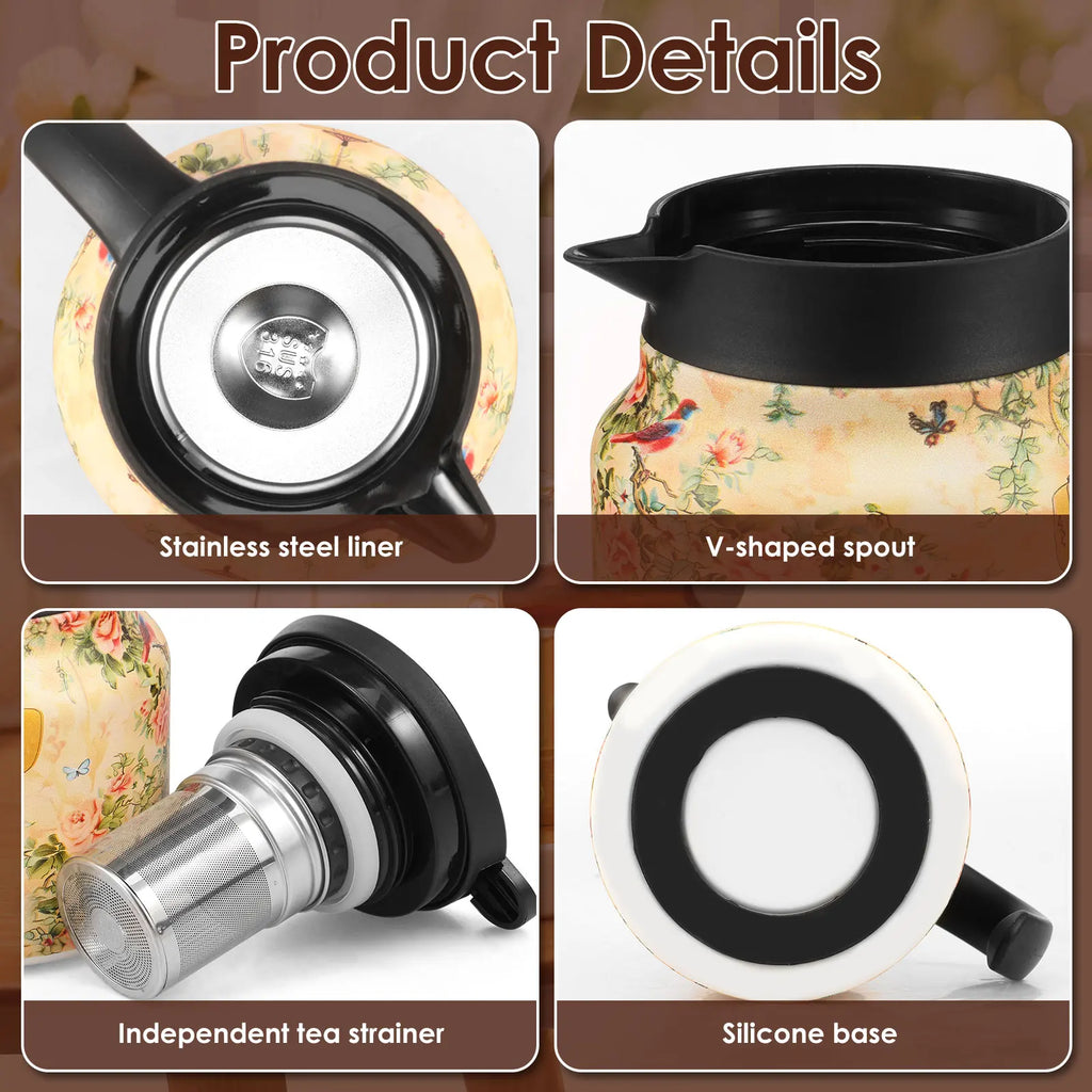 800/1000 ML Vintage Floral Tea Thermos Stainless Steel Tea Kettle