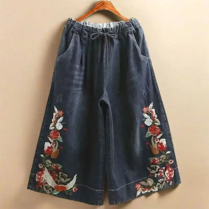 Indie Folk Embroidery Denim Vintage Elastic High Waist