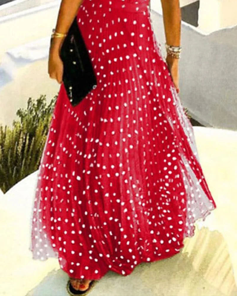 Women Boho Polka Dot Print Chiffon Pleated Maxi Dress