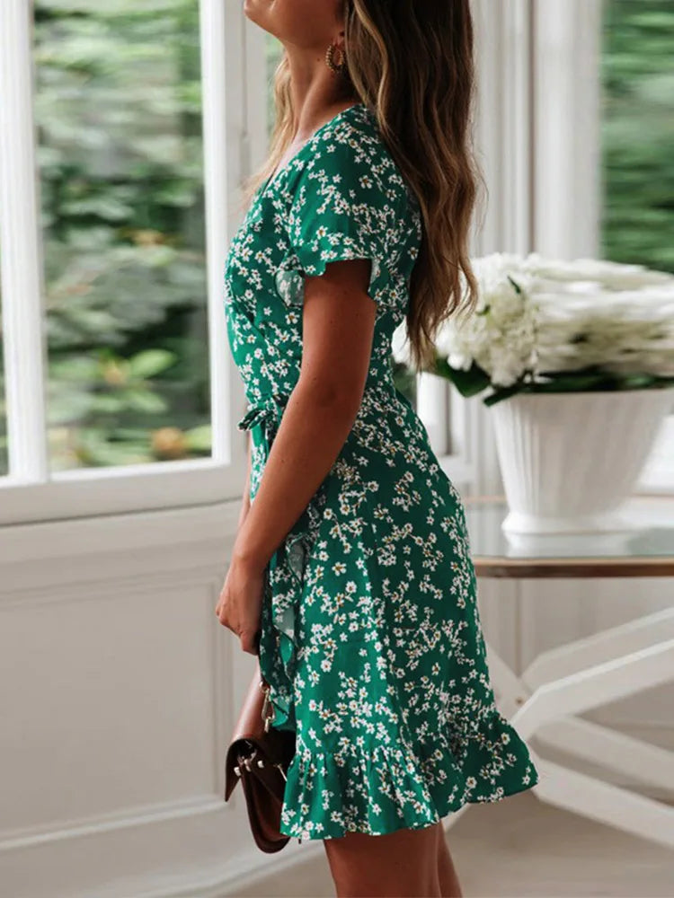 Boho Floral Print Ruffles Women Dress Summer