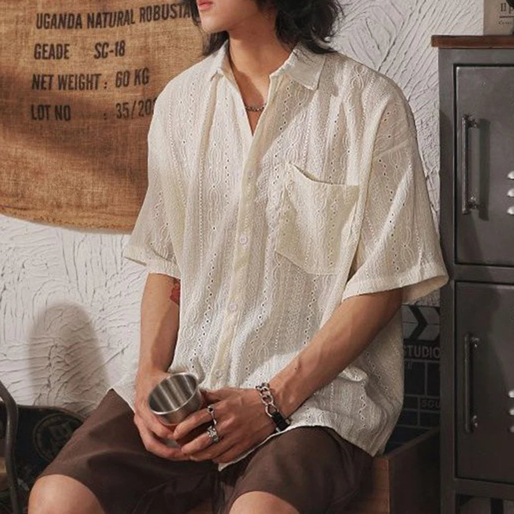 Men Casual Loose Hollow Out Short Sleeve Shirt