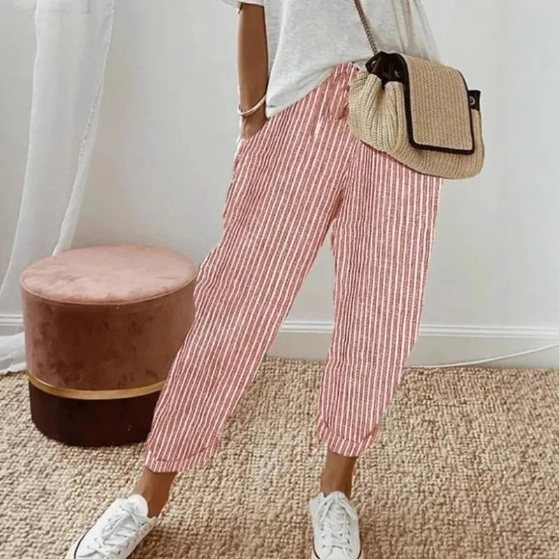 Women's Casual Striped Cotton Linen Pants Elastic Waist