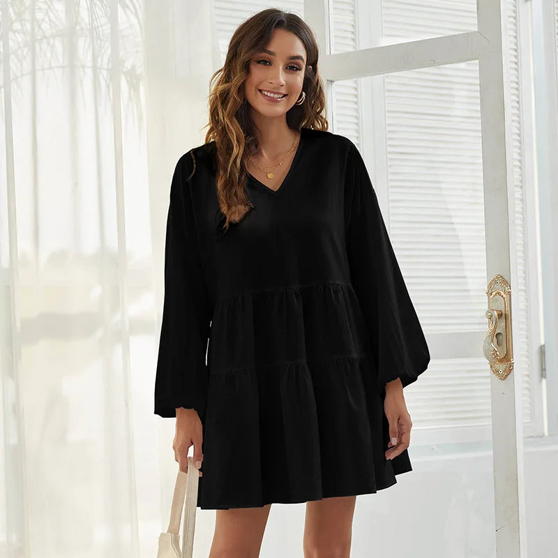 Women's Loose V-Neck Casual Long Sleeve Dress