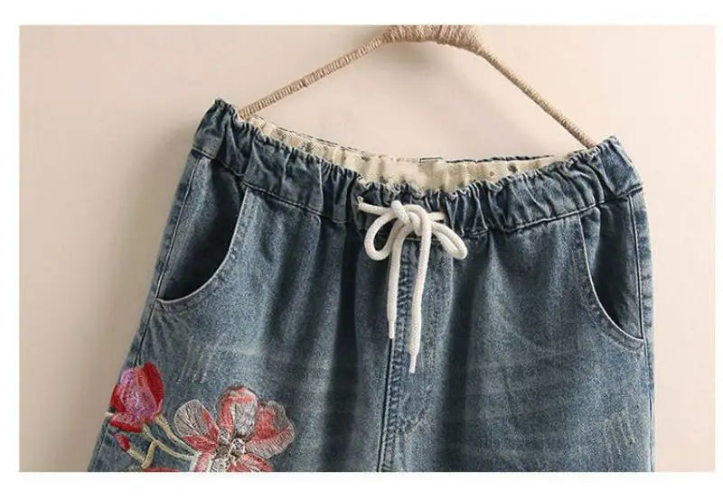 Indie Folk Embroidery Denim Vintage Elastic High Waist