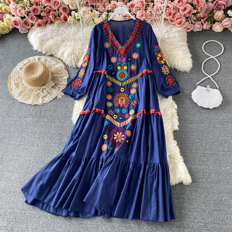 Vintage Women Floral Embroidery Beach Dress