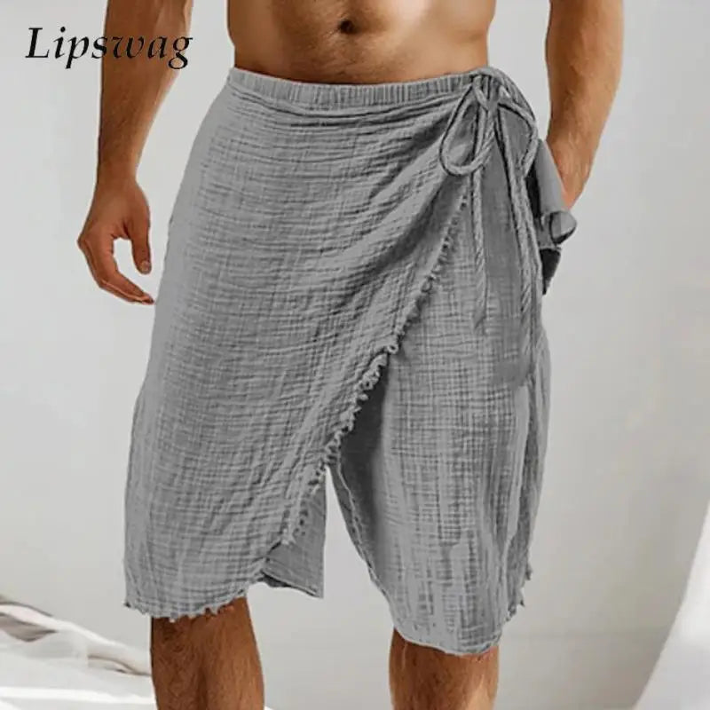 Boho Men's Linen Shorts Seaside Beach Casual Breathable Solid Color Drawstring Shorts