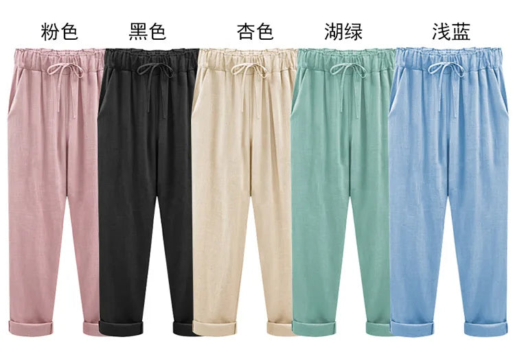 Cotton Linen Pants, Elastic Mid Waist Ankle, Female Slacks Size M-5XL 6XL 7XL 8XL