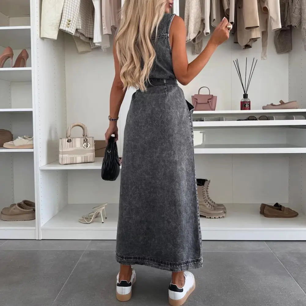 Women Sleeveless Long Belted Waist Cinching Single Button Denim Dress