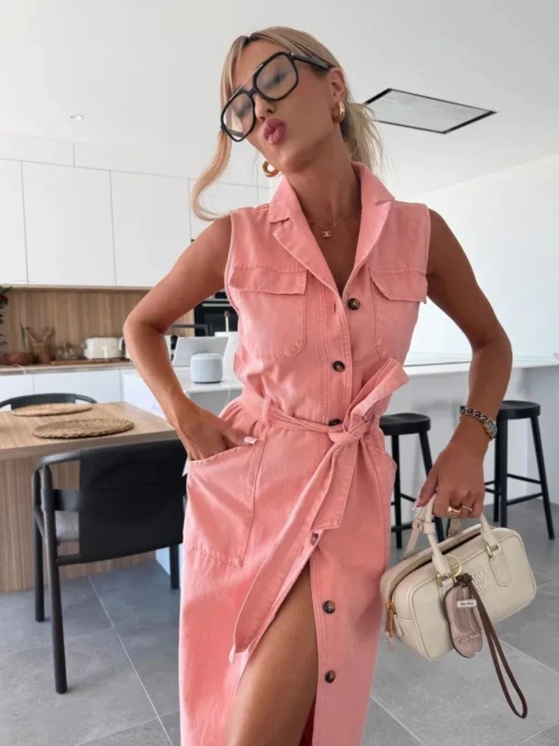 Casual Sleeveless Denim Maxi Shirt