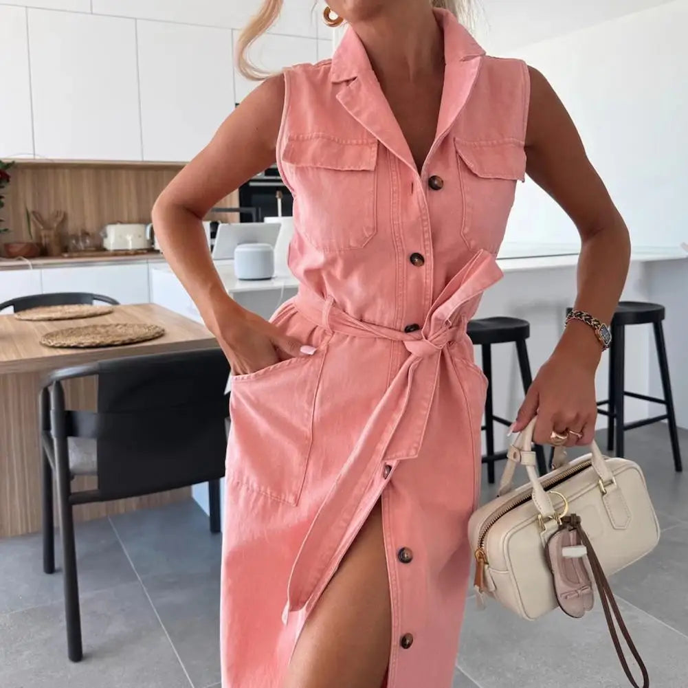 Women Sleeveless Long Belted Waist Cinching Single Button Denim Dress