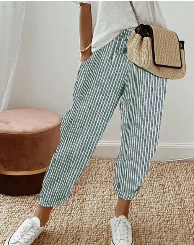 Women's Casual Striped Cotton Linen Pants Elastic Waist