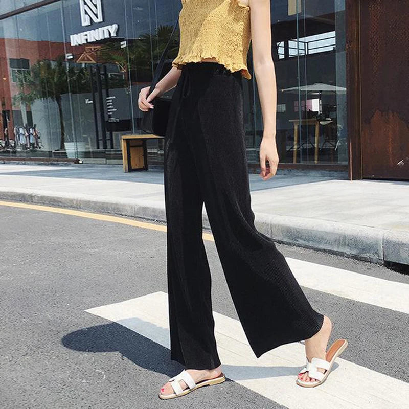 Women Fashion Summer Wide Leg Pants Pleated Ice Silk
