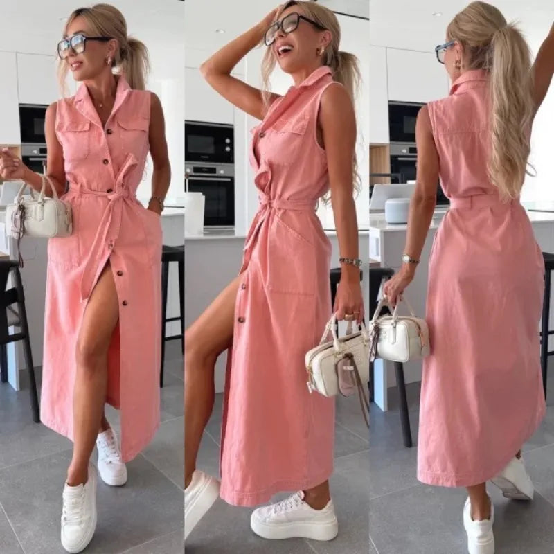 Casual Sleeveless Denim Maxi Shirt
