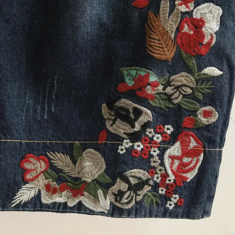 Indie Folk Embroidery Denim Vintage Elastic High Waist