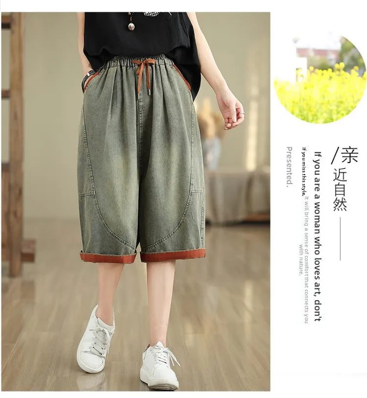 Retro Distressed Denim Belted Slimming Casual Wide Leg Pant