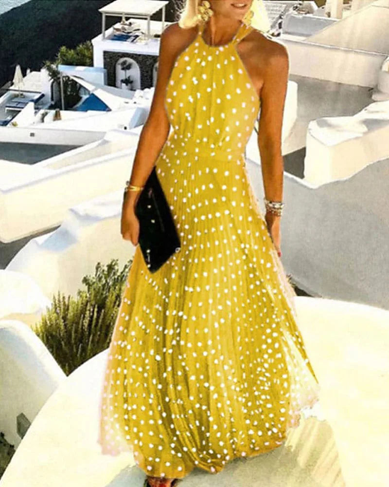 Women Boho Polka Dot Print Chiffon Pleated Maxi Dress