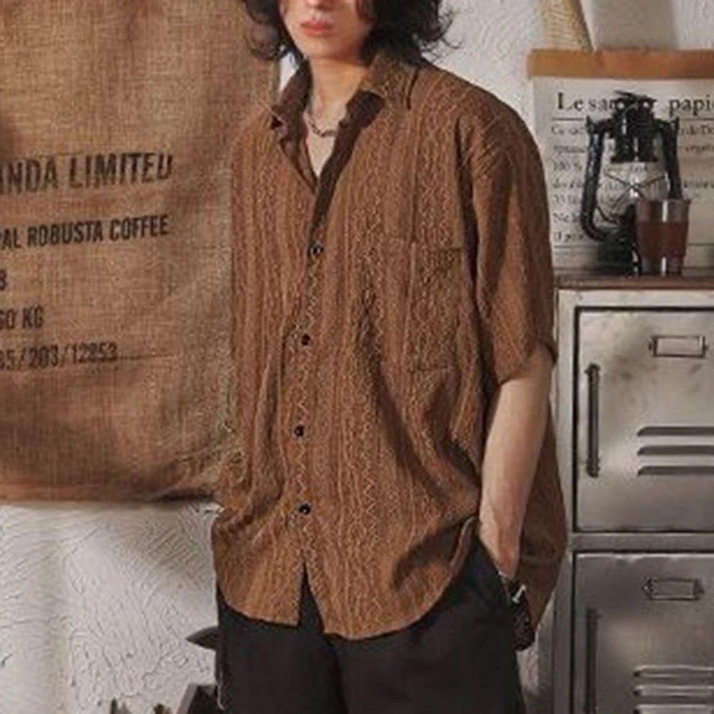 Men Casual Loose Hollow Out Short Sleeve Shirt