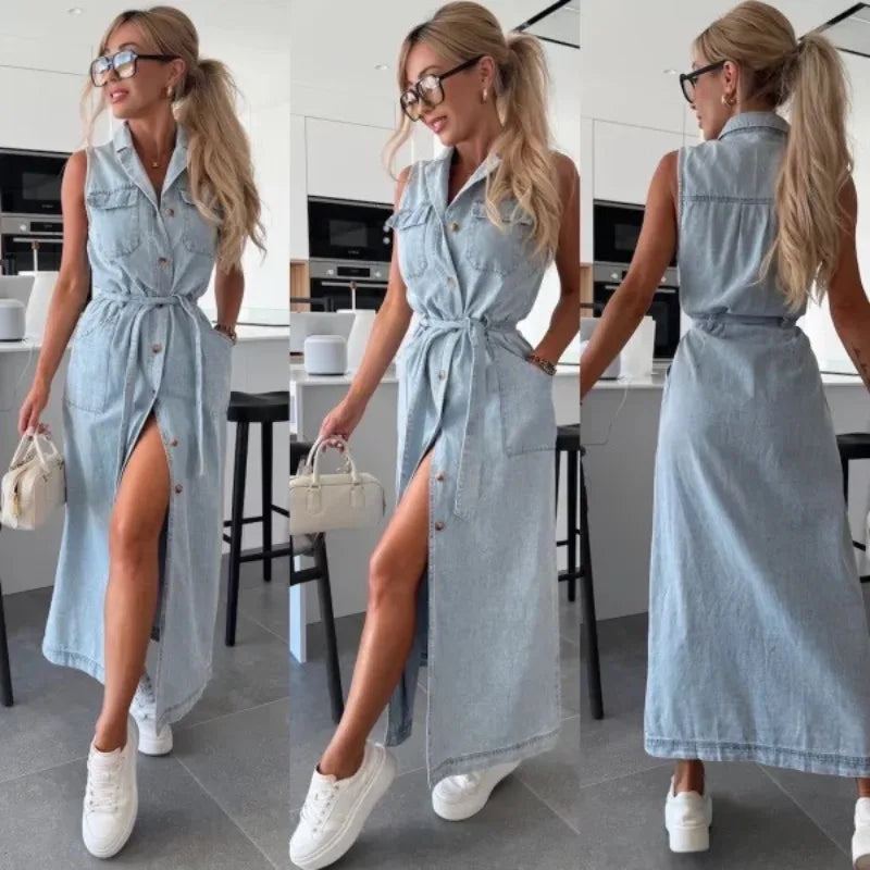 Casual Sleeveless Denim Maxi Shirt