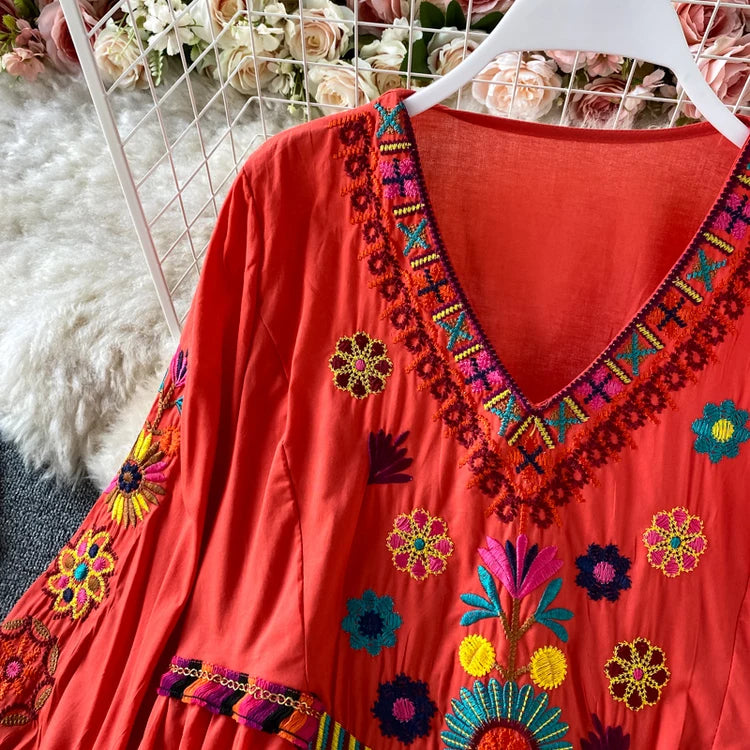 Vintage Women Floral Embroidery Beach Dress